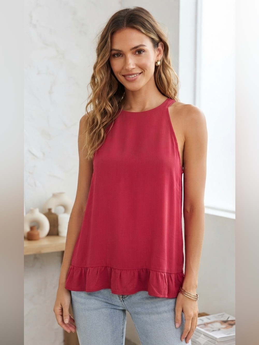 Faded Glory Halter Ruffle-Hem Tank Top - Berry Red